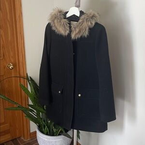 J. Crew Black Coat with Faux Fur Trim